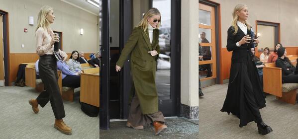 This combination of photos show actor Gwyneth Paltrow at the courthouse for her trial in Park City, Utah on March 28, 2023, from left, March 21, and on March 27. For the rich and those who aspire, logo-free fashion with outsized price tags is having a moment. Paltrow wore head-to-toe Prada, cashmere sweaters and Celine boots during her court case. (AP Photo)