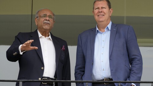 Pakistan Cricket Board's management committee chairman Najam Sethi, left, briefs to the International Cricket Council's chairman Greg Barclay during his visit to PCB head office, in Lahore, Pakistan, Tuesday, May 30, 2023. The ICC's top officials arrived in Pakistan to discuss the country's participation in this year's 50-over World Cup in India. The tense political relations between the two neighboring countries has seen both nations suspending their bilateral cricketing ties for a decade, but they have regularly competed in the ICC events. (AP Photo/K.M. Chaudary)