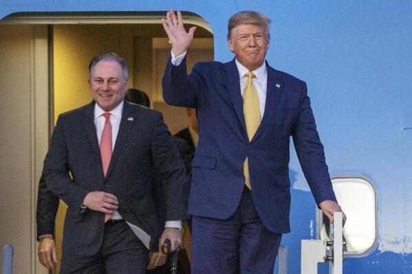 FILE - In this Friday, Oct. 11, 2019, file photo, President Donald Trump and House Minority Whip Steve Scalise, R-La., arrive in Lake Charles, La. In a television interview aired Sunday, Oct. 10, 2021, Scalise, the House’s second-ranking Republican, stood by Trump’s lie that Democrat Joe Biden won the White House because of mass voter fraud. (AP Photo/Brett Duke, File)