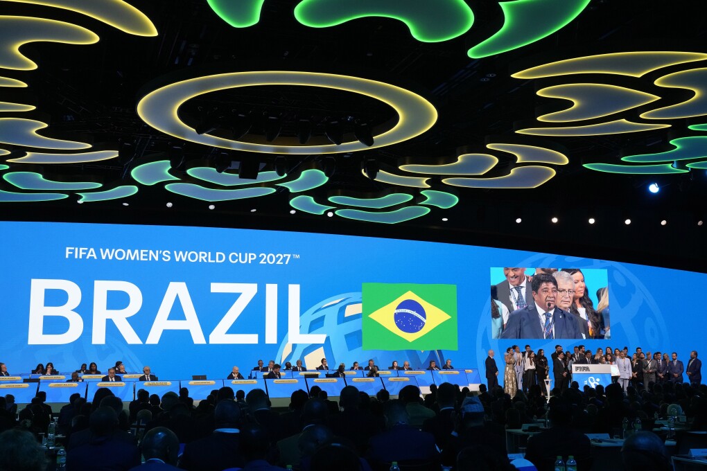 President of the Football Associated of Brazil Ednaldo Rodrigues, delivers his speech , after Brazil was chosen to host the 2027 Women's World Cup soccer at the FIFA Congress in Bangkok, Thailand, Friday, May 17, 2024.(AP Photo/Sakchai Lalit)