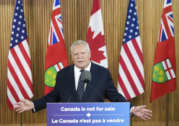 Ontario Premier Doug Ford holds a news conference regarding the new tariffs that the United States has placed on Canada, at Queen's Park in Toronto on Tuesday, March 4, 2025. (Nathan Denette/The Canadian Press via AP)
