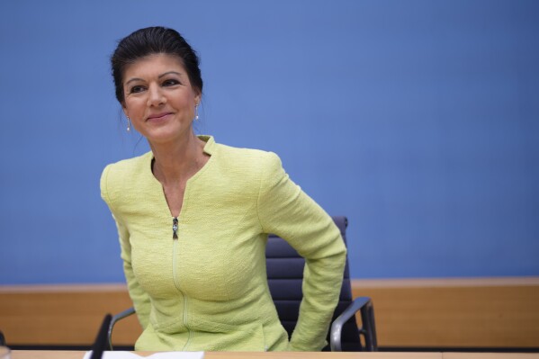 German politician Sahra Wagenknecht, best-known face of the Left Party, arrives for a news conference to announce the founding of a precursor to a new party in Berlin, Germany, Monday, Oct. 23, 2023. (AP Photo/Markus Schreiber)