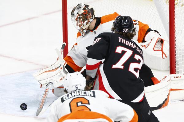 Philadelphia Flyers goaltender Samuel Ersson (33) stops Buffalo Sabres center Tage Thompson (72) during the third period of an NHL hockey game, Monday, Jan. 9, 2023, in Buffalo, N.Y. (AP Photo/Jeffrey T. Barnes)