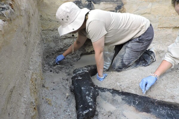 In this photo provided by researchers, an excavation team uncovers a wooden structure found on a riverbed near a waterfall in Zambia in 2019. The pair of crossed logs may be the oldest evidence of early humans building with wood, nearly half a million years old, according to a study published Wednesday, Sept. 19, 2023 in the journal Nature. (Larry Barham/University of Liverpool via AP)