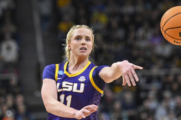 FILE - LSU guard Hailey Van Lith passes the ball during the first half of a Elite Eight college basketball game against Iowa in the NCAA Tournament, April 1, 2024, in Albany, N.Y. Van Lith is focused on trying to make the USA Basketball 3x3 Olympic team this summer and not worried about where she’ll end up at college next year. Van Lith is taking part in a training camp in Springfield, Mass. this weekend and will play in a tournament early next week at the Naismith Basketball Hall of Fame. (AP Photo/Hans Pennink, file)