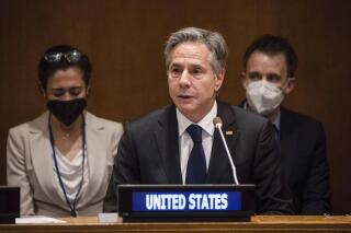 U.S. Secretary of State Antony J. Blinken speaks during a meeting with Non-Proliferation Treaty (NPT) Non-Nuclear Weapons States Parties in the United Nations General Assembly, Monday, Aug. 1, 2022. The U.S. has sanctioned a United Arab Emirates-based firm and several Asian companies for facilitating the illicit sale of millions of dollars' worth of Iranian oil for shipment to East Asia. (AP Photo/Yuki Iwamura)