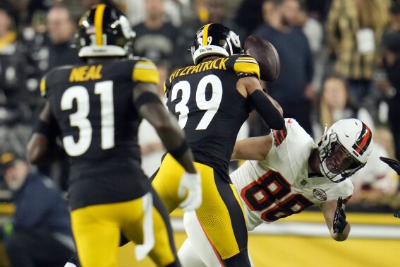 Cleveland Browns tight end Harrison Bryant (88) fumbles the football as he is hit by Pittsburgh Steelers safety Minkah Fitzpatrick (39) during the first half of an NFL football game Monday, Sept. 18, 2023, in Pittsburgh. (AP Photo/Gene J. Puskar)