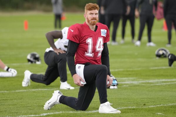 New Orleans Saints quarterback Andy Dalton during an NFL practice session at the London Irish rugby team training ground in Sunbury-on-Thames near London, Wednesday, Sept. 28, 2022 ahead of the NFL game against Minnesota Vikings at the Tottenham Hotspur stadium on Sunday. (AP Photo/Kirsty Wigglesworth)