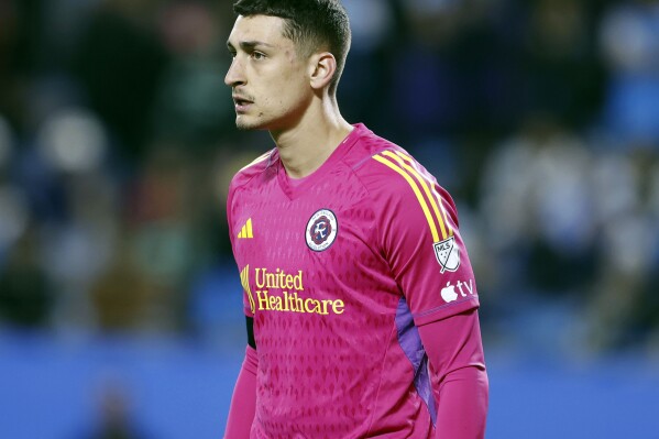 FILE - New England Revolution goalkeeper Djordje Petrovic looks on during an MLS soccer match against Charlotte FC, Feb. 25, 2023, in Charlotte, N.C. Chelsea completed the signing of Petrovic from the Revolution, Saturday, Aug. 26, 2023. (AP Photo/Brian Westerholt, File)