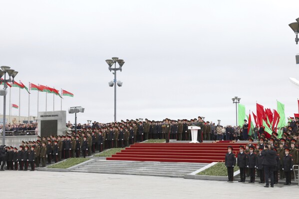 In this photo, released by Belarus' Presidential Press Service, Belarusian President Alexander Lukashenko attends ceremony of military personnel taking the oath of allegiance to the Belarusian people and the President of the Republic of Belarus after his inauguration in Minsk, Belarus, Tuesday, March 25, 2025. (Belarus' Presidential Press Service via AP)