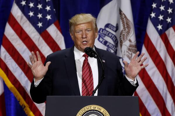 FILE - President Donald Trump speaks during the Republican Party of Iowa's America First Dinner, June 11, 2019, in West Des Moines, Iowa. Trump reshaped Republican foreign policy with his "America First" doctrine, skepticism of NATO and appreciation of autocrats. But Russian's invasion of Ukraine – and the West's united response to it – is emerging as a sudden test of that philosophy. (AP Photo/Charlie Neibergall, File)