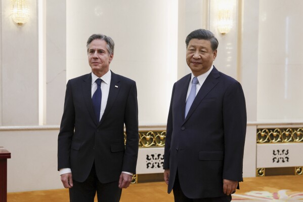FILE - U.S. Secretary of State Antony Blinken, left, meets with Chinese President Xi Jinping in the Great Hall of the People in Beijing, China on June 19, 2023. Blinken is starting three days of talks with senior Chinese officials in Shanghai and Beijing this week. It comes as U.S.-China ties are at a critical point over numerous global disputes. (Leah Millis/Pool Photo via AP, File)