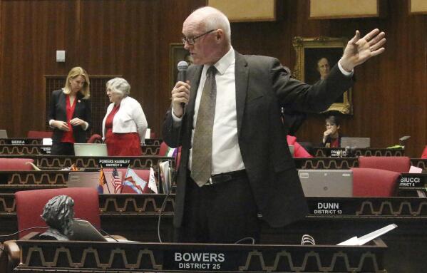 FILE - In this May 8, 2019, photo Arizona House Speaker Rusty Bowers, R-Mesa, speaks at the Arizona Capitol in Phoenix. Bowers on Thursday, April 21, 2022, was named one of five recipients of the John F. Kennedy "Profile in Courage" award for his refusal to consider overturning the 2020 election results despite massive pressure from former President Donald Trump and his supporters. (AP Photo/Bob Christie, File)