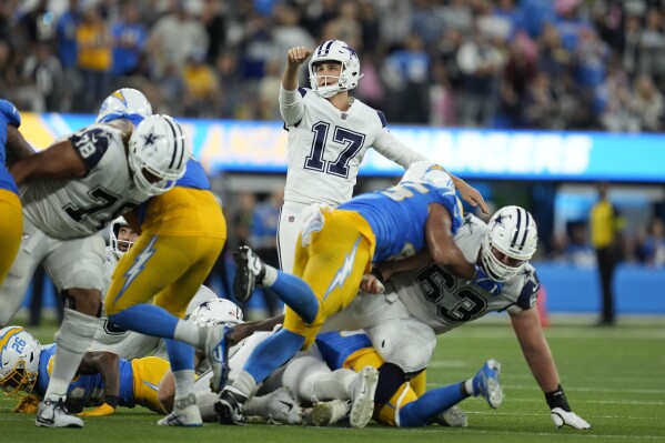 Dallas Cowboys place-kicker Brandon Aubrey (17) makes a field goal during the fourth quarter of an NFL football game against the Los Angeles Chargers Monday, Oct. 16, 2023, in Inglewood, Calif. (AP Photo/Mark J. Terrill)
