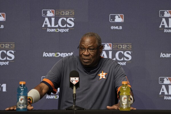 Houston Astros manager Dusty Baker Jr. answers a question during a news conference before the team's baseball practice in Arlington, Texas, Tuesday, Oct. 17, 2023. The Astros are scheduled to play the Texas Rangers in Game 3 of MLB's American League Championship Series on Wednesday. (AP Photo/LM Otero)