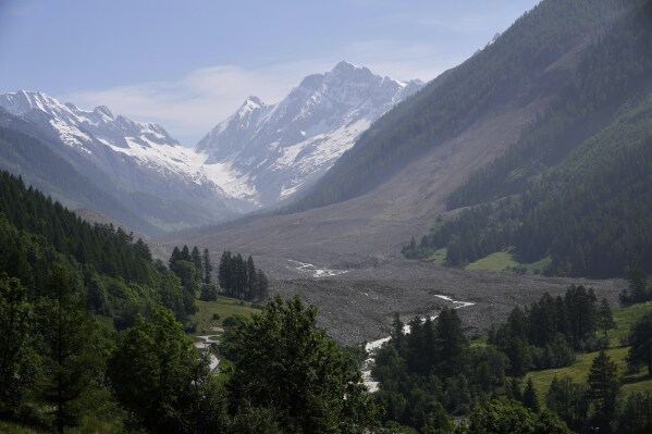 The aftermath of the Birch Glacier collapse is visible in Blatten, Switzerland, June 11, 2025. (AP Photo/Matthias Schrader)