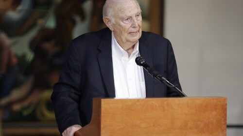 FILE - Jerry Bradley speaks during the annual announcement of inductees into the Country Music Hall of Fame, March 18, 2019, in Nashville, Tenn. The Nashville music executive who signed Alabama and Ronnie Milsap and helped brand the outlaws style of country music during a 40-year career, died Monday, July 17, 2023. He was 83. (AP Photo/Mark Humphrey, File)