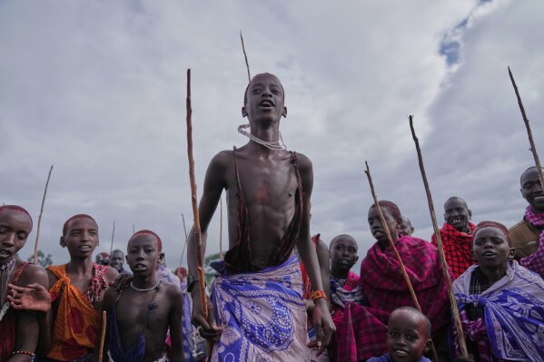 Children of the Maasai tribe perform a traditional jumping dance during the Enkipaata ceremony, a Maasai male rite of passage, specifically the initiation of boys, marking the transition from childhood to becoming a moran (warrior) in Olaimutiai, Narok County, Kenya, Thursday, April 24, 2024. (AP Photo/Brian Inganga)