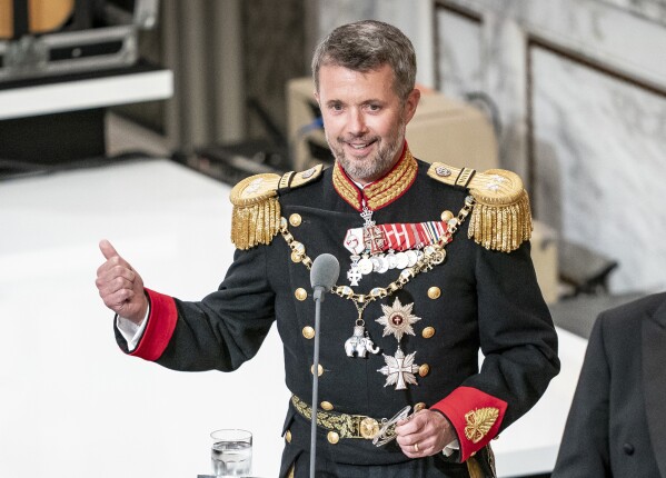 FILE - Danish Crown Prince Frederik delivers his speech to Danish Queen Margrethe II at the gala banquet at Christiansborg Palace in Copenhagen, Denmark, Sunday, Sept. 11, 2022. As a teenager, Crown Prince Frederik felt uncomfortable being in the spotlight, and pondered whether there was any way he could avoid becoming king. All doubts have been swept aside as the 55-year-old takes over the crown on Sunday, Jan. 14, 2024 from his mother, Queen Margrethe II, who is breaking with centuries of Danish royal tradition and retiring after a 52-year reign. (Mads Claus Rasmussen/Ritzau Scanpix via AP, File)