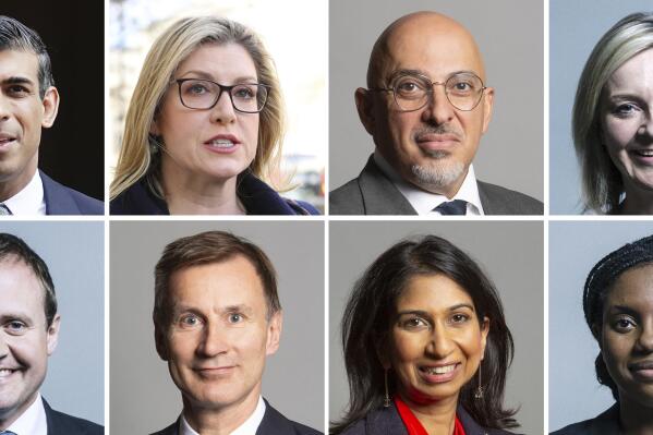 This undated handout photo from UK Parliament shows the candidates in the Conservative Party leadership race, top from left, Rishi Sunak, Penny Mordaunt, Nadhim Zahawi, and Liz Truss, bottom from left, Tom Tugendhat, Jeremy Hunt, Suella Braverman and Kemi Badenoch. The race to succeed Prime Minister Boris Johnson is being called Britain's most diverse political leadership campaign. Half of the eight contenders to replace Johnson as Conservative Party leader aren't white, and only two are white men. But if the contenders reflect the face of modern Britain, the winner will be chosen by an electorate that does not. (UK Parliament via AP)