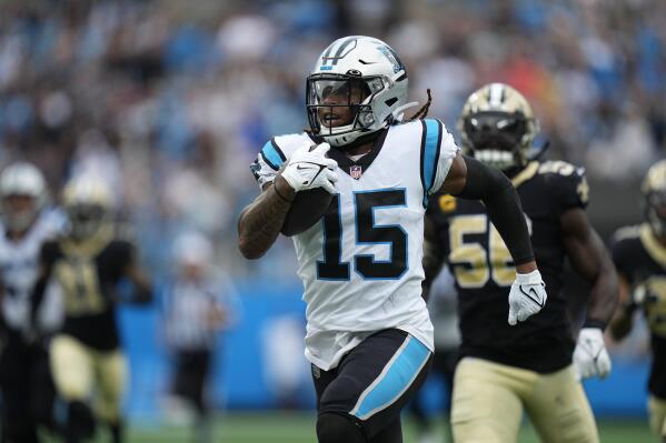 Carolina Panthers wide receiver Laviska Shenault Jr. (15) runs the ball down the field for 67 yards during the second half of an NFL football game against the New Orleans Saints, Sunday, Sept. 25, 2022, in Charlotte, N.C. (AP Photo/Rusty Jones)