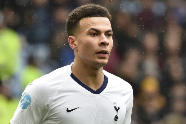 FILE - Tottenham's Dele Alli during the English Premier League soccer match between Aston Villa and Tottenham Hotspur at Villa Park in Birmingham, England, on Feb. 16, 2020. England soccer player Dele Alli of Everton spent six weeks in rehab in the United States in a bid to deal with mental-health problems stemming from a traumatic childhood and after getting addicted to sleeping pills. (AP Photo/Rui Vieira, File)