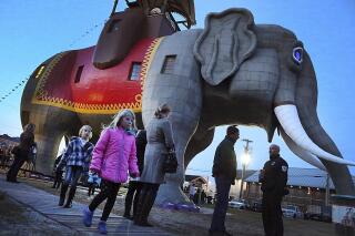 FILE - People gather for the lighting of Margate N.J. landmark "Lucy the Elephant," Oct. 29, 2013. The boardwalk fixture is having all of its metal skin replaced because more than 50% of the exterior has degraded beyond repair. The executive director of the Save Lucy Committee, Richard Helfant, said Tuesday, Aug. 24, 2021 that the six-story high statue in Margate will close Sept. 20. (Ben Fogletto/The Press of Atlantic City via AP)