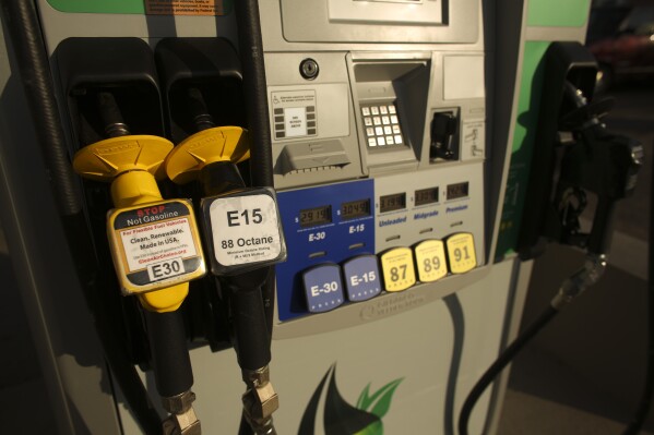 An E15 nozzle is displayed on a pum at service station in Minneapolis, Monday, Oct. 28, 2013 photo. The Environmental Protection Agency cleared the way Friday, April 19, 2024, for E15, a higher blend of ethanol, to be sold nationwide for the third summer in a row. Gasoline with 10% ethanol is already sold nationwide, but the higher blend has been prohibited in the summer because of concerns it could worsen smog during warm weather. (Jeff Wheeler/Star Tribune via AP, File)