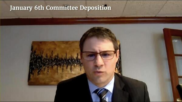 FILE - In this image made from video released by the House Select Committee, Andrew Hitt, former Wisconsin Republican State Chair, speaks during an interview with the committee investigating the Jan. 6, 2021, attack on the U.S. Capitol. The video was displayed at the hearing, June 21, 2022, on Capitol Hill in Washington. Newly released documents from closed-door testimony to the House Jan. 6 committee show that Hitt said that U.S. Sen. Ron Johnson spoke with him about having the state's GOP-controlled Legislature, rather than voters, choose Wisconsin's presidential electors. Johnson, in a statement Tuesday, Jan. 3, 2023, said he had no recollection of the conversation with Hitt. (House Select Committee via AP, File)