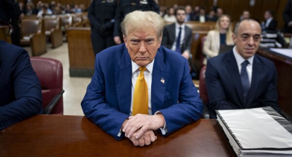 Former President Donald Trump appears at Manhattan criminal court before his trial in New York, Thursday, May 2, 2024.  (Doug Mills/The New York Times via AP, Pool)