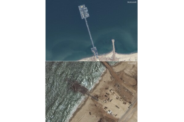 These images released by Maxar Technologies show the newly completed pier in the Gaza Strip on May 18, 2024, top, and the remaining section of the temporary pier on May 29, 2024. A string of security, logistical and weather problems have battered the plan to deliver desperately needed humanitarian aid to Gaza through a U.S. military-built pier. Broken apart by strong winds and heavy seas just over a week after it became operational, the project faces criticism that it hasn’t lived up to its initial billing or its $320 million price tag. (Satellite images ©2024 Maxar Technologies via AP)