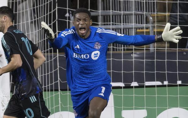 Toronto FC goalkeeper Sean Johnson (1) shouts in protest after Philadelphia Union forward Mikael Uhre scored during the first half of an MLS soccer match Saturday, April 22, 2023, in Chester, Pa. (AP Photo/Laurence Kesterson)