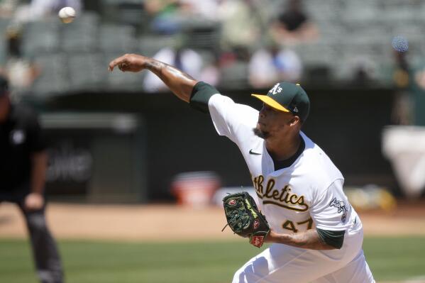 Oakland Athletics starting pitcher Frankie Montas throws against the Tampa Bay Rays during the first inning of a baseball game Saturday, May 8, 2021, in Oakland, Calif. (AP Photo/Tony Avelar)