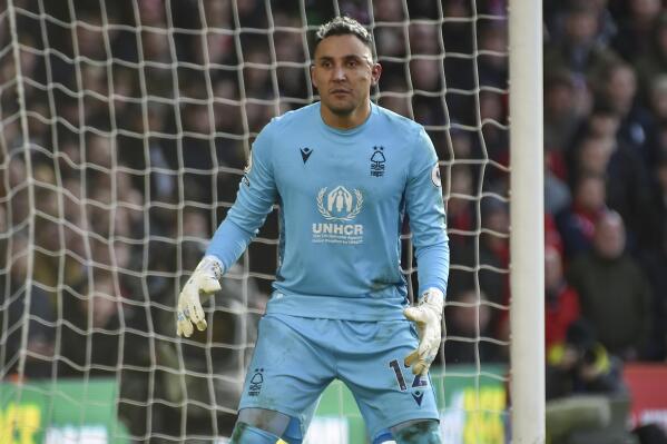 Nottingham Forest's goalkeeper Keylor Navas looks on during the English Premier League soccer match between Nottingham Forest and Leeds United at City Ground stadium in Nottingham, England, Sunday, Feb. 5, 2023. (AP Photo/Rui Vieira)