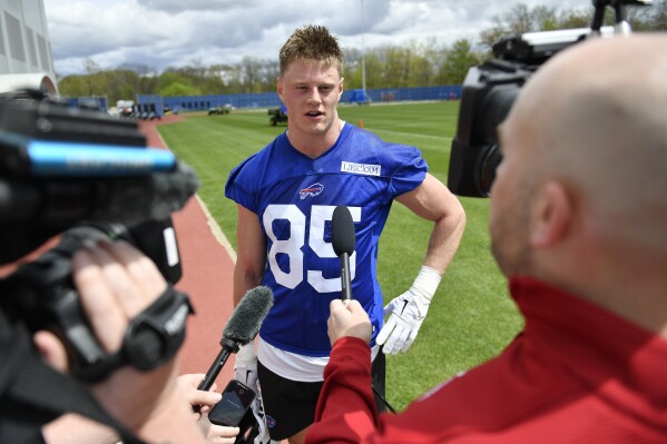 Buffalo Bills tight end Jackson Hawes (85) speaks to the media after the NFL football team's rookie minicamp in Orchard Park, N.Y., Friday, May 9, 2025. (AP Photo/Adrian Kraus)