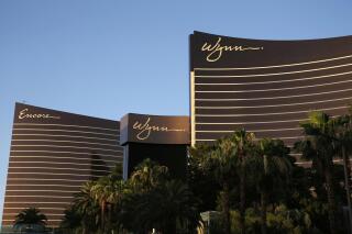 FILE - This photo shows the Wynn and Encore resorts in Las Vegas, June 17, 2014. Ras al-Khaimah, one of the seven sheikhdoms in the United Arab Emirates said Tuesday, Jan. 25, 2022, that it will allow "gaming" while announcing a multibillion-dollar deal with casino giant Wynn Resorts. (AP Photo/John Locher, File)