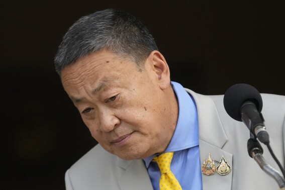 Thai Prime Minister Srettha Thavisin listens to a question from a reporter during a press conference at Government house in Bangkok, Thailand after a court removed Srettha from office over an ethical violation Wednesday, Aug. 14, 2024. (AP Photo/Sakchai Lalit)