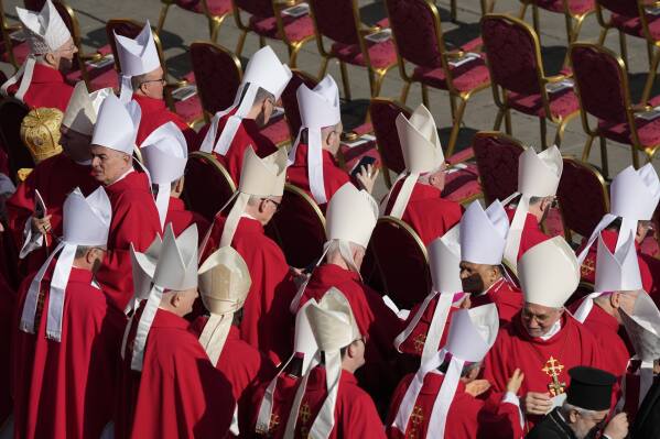 Cardinals take their seats for the funeral of Pope Francis in St. Peter's Square at the Vatican, Saturday, April 26, 2025. (AP Photo/Gregorio Borgia)