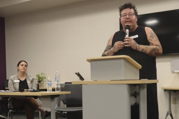 Women's Health Center of West Virginia Harm Reduction Coordinator Iris Sidikmanspeaks about a proposal from the clinic to add a syringe service its offerings during a public hearing at the Goodwill Prosperity Center in Charleston, W.Va. on Thursday, July 27, 2023. (AP Photo/Leah Willingham)