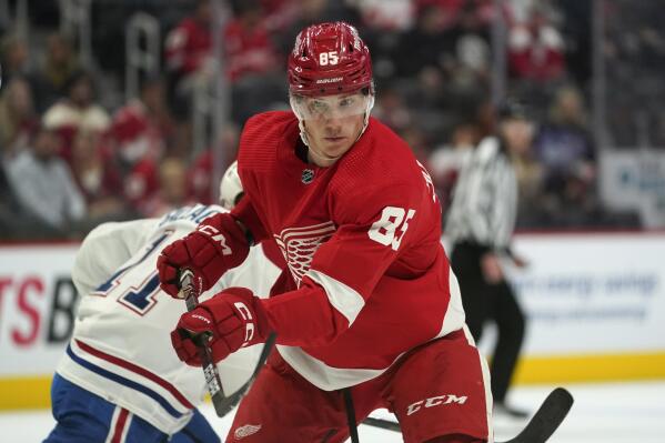 Detroit Red Wings left wing Elmer Soderblom (85) plays against the Montreal Canadiens in the second period of an NHL hockey game Friday, Oct. 14, 2022, in Detroit. (AP Photo/Paul Sancya)