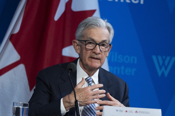 Federal Reserve Chair Jerome Powell participates in a Washington Forum on the Canadian Economy, together with Tiff Macklem, Governor of the Bank of Canada, Wednesday, April 16, 2025, in Washington. (AP Photo/Manuel Balce Ceneta)