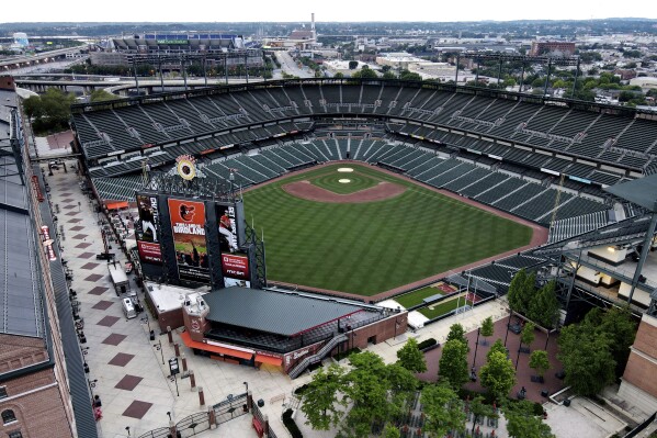 FILE - Oriole Park at Camden Yards is seen in an aerial photo June 27, 2020, in Baltimore. A long-term agreement between the Baltimore Orioles and the Maryland Stadium Authority for a new lease at Camden Yards is moving forward for a vote by state officials next week, Gov. Wes Moore announced. The agreement is slated to go before the Maryland Stadium Authority on Monday, Dec. 18, 2023. (AP Photo/Julio Cortez, File)