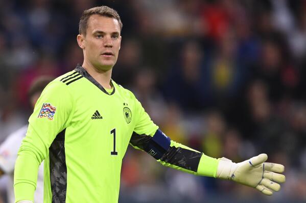 FILE - Germany goalkeeper Manuel Neuer during the UEFA Nations League soccer match between Germany and England at the Allianz Arena, in Munich, Germany, Tuesday, June 7, 2022. (AP Photo/Markus Ulmer, File)