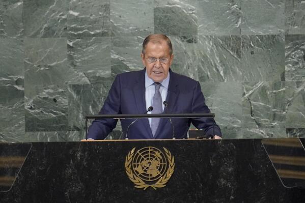 Foreign Minister of Russia Sergey Lavrov addresses the 77th session of the United Nations General Assembly, Saturday, Sept. 24, 2022 at U.N. headquarters. (AP Photo/Mary Altaffer)