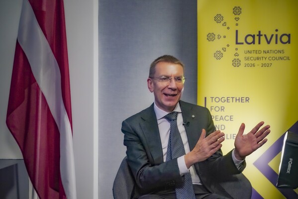 Latvia's President Edgars Rinkēvičs speaks during an interview at Latvia's U.S. Mission, Thursday, Nov. 9, 2023, in New York. (AP Photo/Bebeto Matthews)