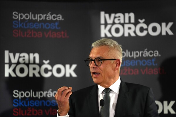 Presidential candidate Ivan Korcok, a pro-Western career diplomat, speaks about the preliminary results of the first round of the presidential election in Bratislava, Slovakia, Saturday, March 23, 2024. (AP Photo/Petr David Josek)