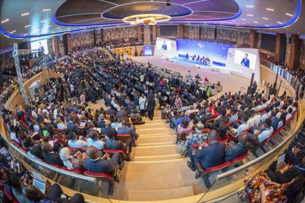 Delegates attend the first-ever Global AI Summit for Africa where more than 1,000 policymakers, business leaders, and interest groups have gathered in Kigali, Rwanda, Thursday, April 3, 2025. (AP Photo/Yuhi Irakiza)