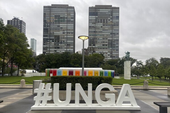The hashtag “#UNGA” sign is shown outside the U.N. General Assembly Hall at the United Nations, Saturday, Sept. 23, 2023. (AP Photo/Ted Anthony)