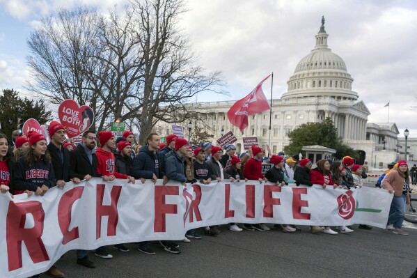 FILE - Anti-abortion activists march outside of the U.S. Capitol during the March for Life in Washington, Friday, Jan. 20, 2023. In June 2022, the Supreme Court’s Dobbs v. Jackson Women’s Health Organization ruling overturned the 1973 Roe v. Wade decision that had legalized abortion nationwide. (AP Photo/Jose Luis Magana, File)