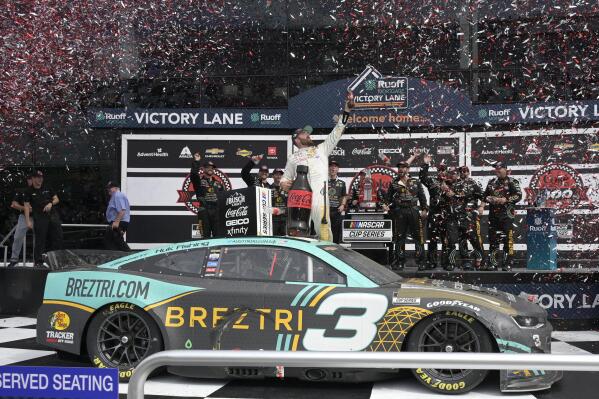 Austin Dillon celebrates in Victory Lane after winning a NASCAR Cup Series auto race at Daytona International Speedway, Sunday, Aug. 28, 2022, in Daytona Beach, Fla. (AP Photo/Phelan M. Ebenhack)